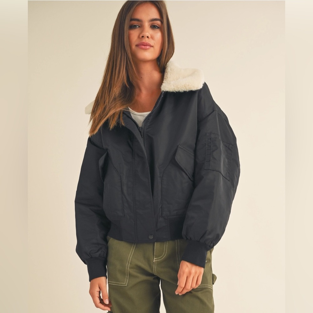 Fur Collared Bomber Jacket-Black - image 1